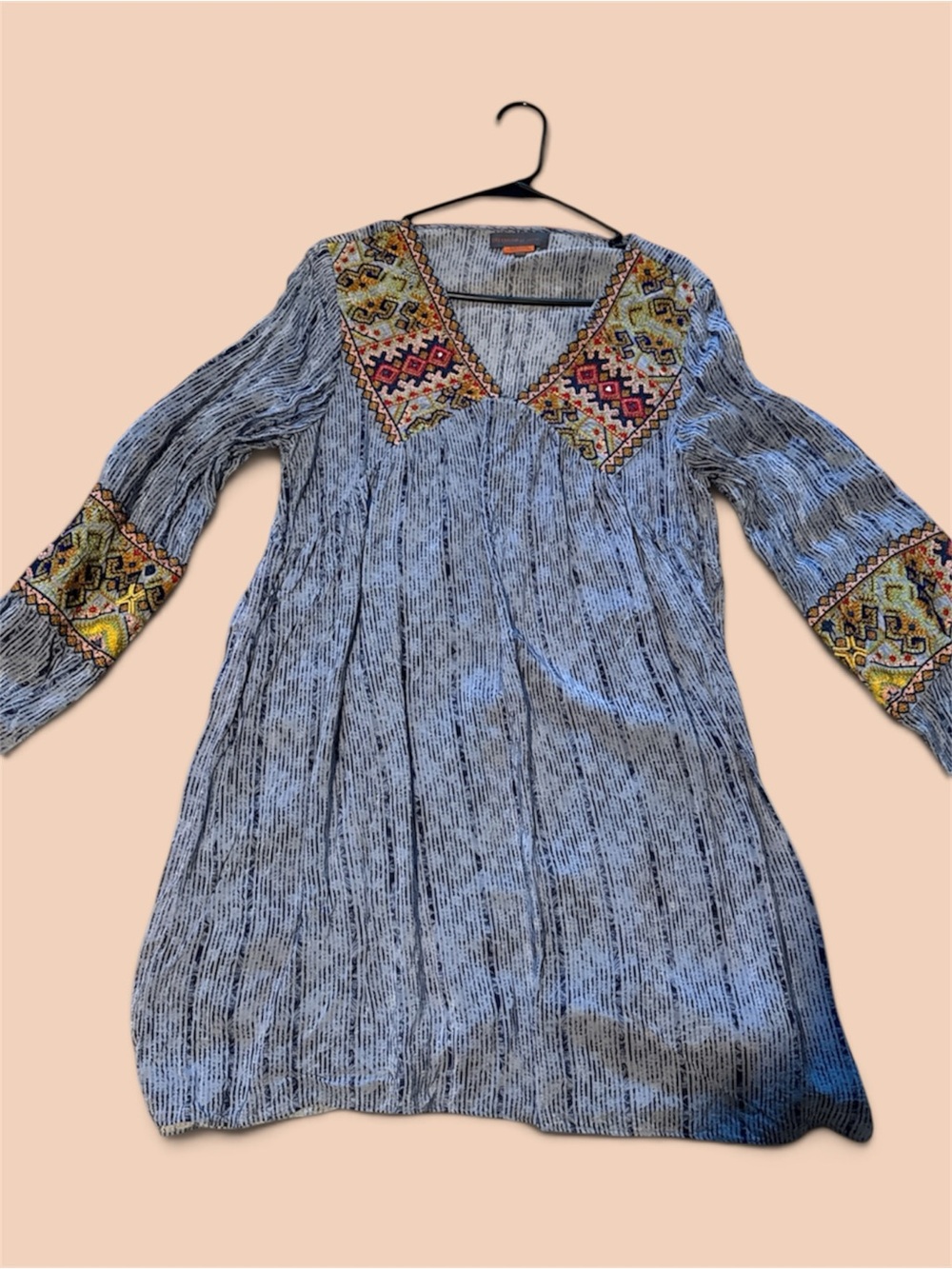 Grey Patterned Mini Dress with Colorful Embroidered Collar